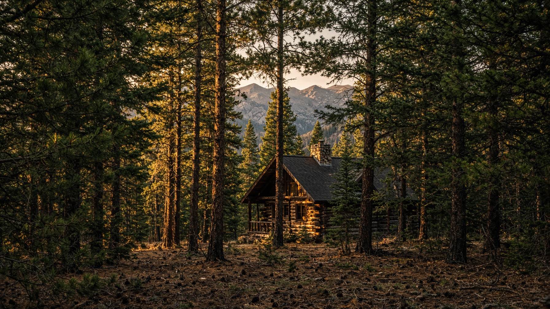 Placeholder: dense pines around a quiet cabin, no lake in frame